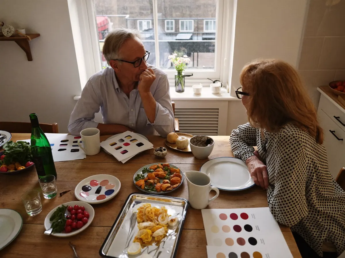 A couple choosing window styles from sample profiles at home