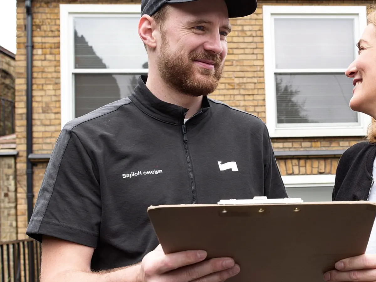 A small installer team standing outside a UK semi-detached house before starting work