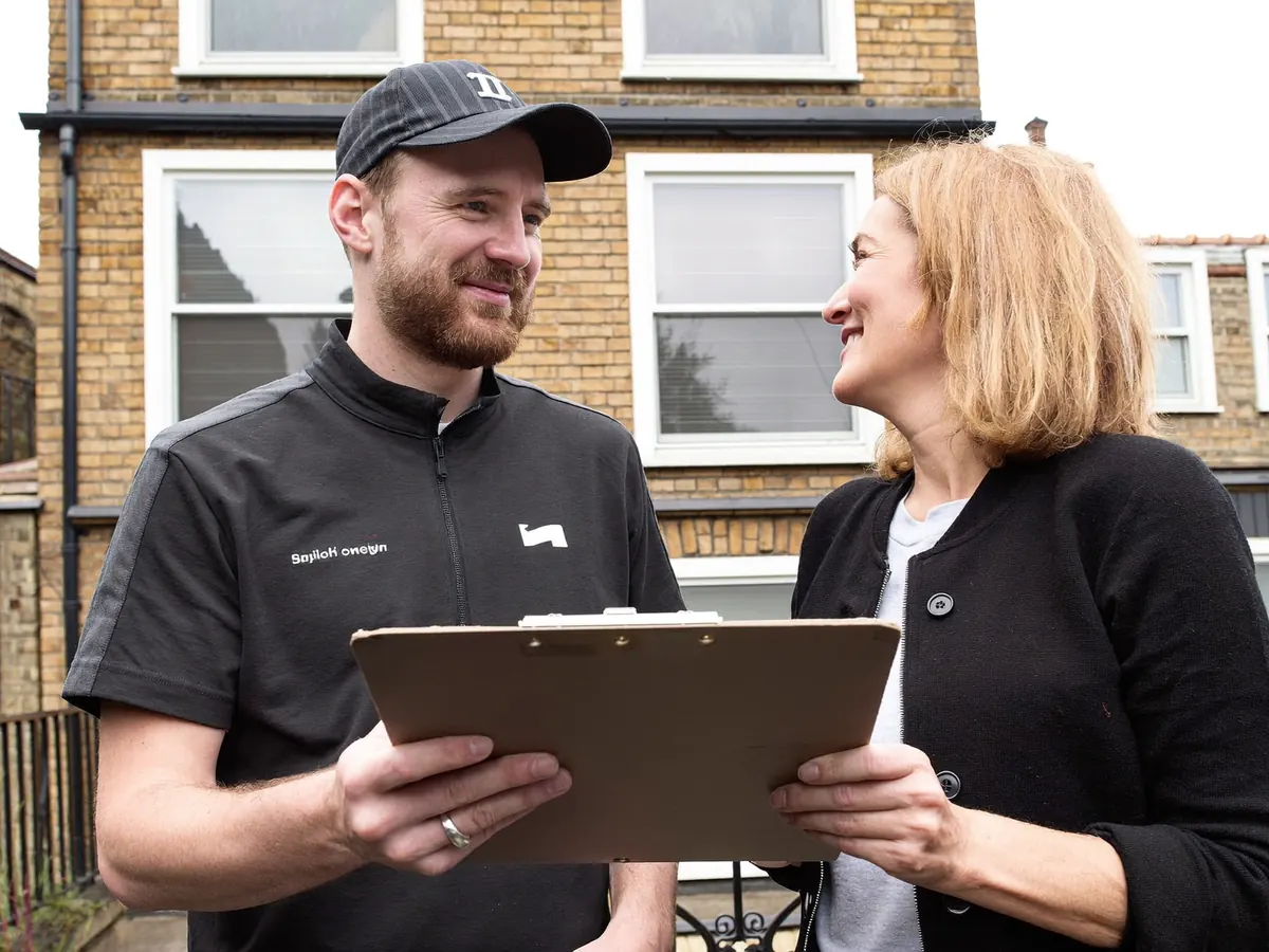 A homeowner and a local window installer discussing a project at the front door