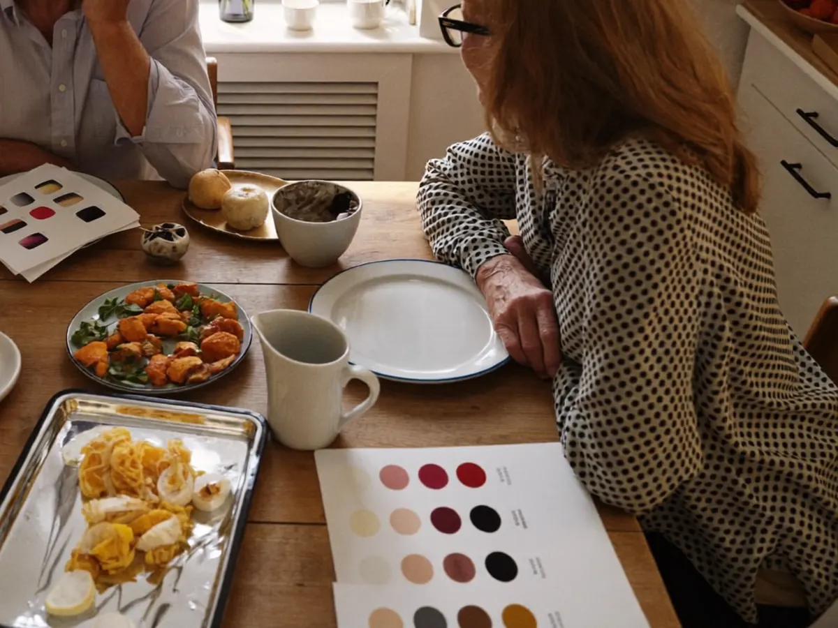 Window frame samples and colour swatches laid out for a home project discussion